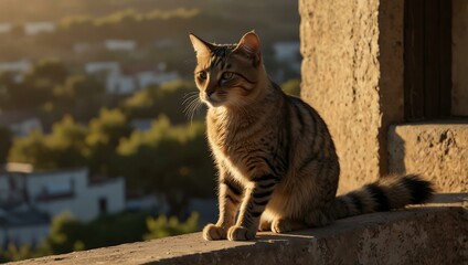 Lone feline sitting on a ledge, glowing in the afternoon light.