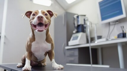 A cheerful dog sits on an examination table in a clean, modern veterinary clinic, eagerly awaiting its check-up with the vet. Generative AI