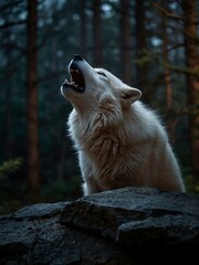Obraz premium Lone white wolf howling on a rock at night in a forest.