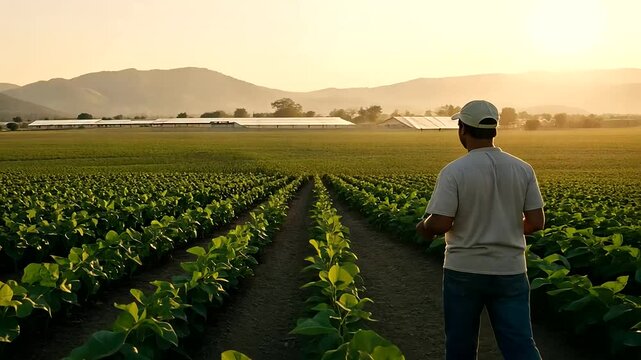 Local Farmer Inspecting Crops with Solar Irrigation System