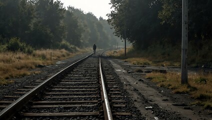 Fototapeta premium Lonely figure on an abandoned railway platform.