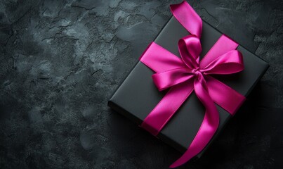 A black gift box wrapped with a bright pink ribbon on a textured dark background. Great for festive shopping events and elegant gift-giving promotions