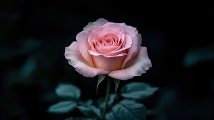 Single pink rose in dark background.