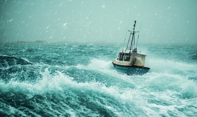Naklejka premium A boat fighting to stay afloat amidst churning waves and a fierce ocean storm, horizon blurred by rain