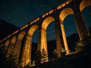 Looking up at Landwasser Viaduct at night in Switzerland.