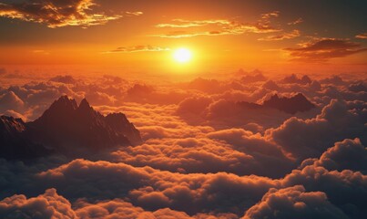 A breathtaking scene of a sun setting behind jagged mountain peaks, with a blanket of clouds below, glowing in warm, golden hues