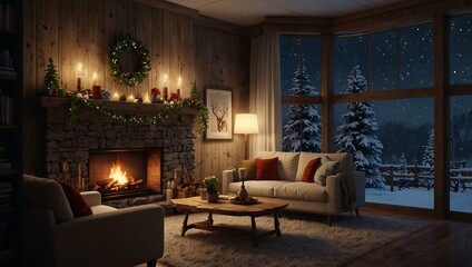 Looping animation of a cozy living room becoming a winter wonderland.