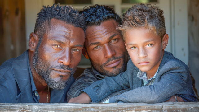 Smiling gay couple with child. Gay couple holding adoptive daughter's hand, adoption concept