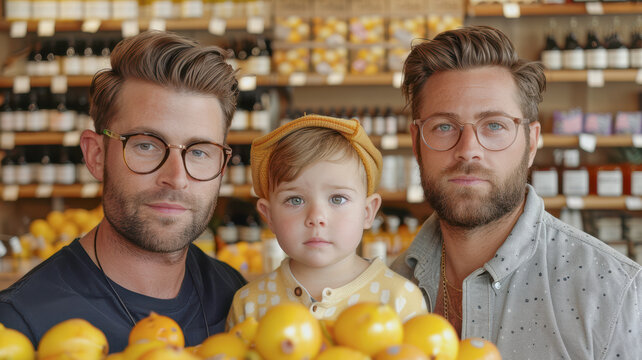 Smiling gay couple with child. Gay couple holding adoptive daughter's hand, adoption concept