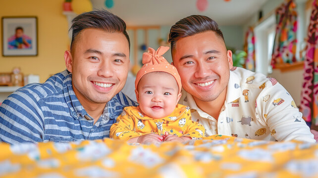 Smiling gay couple with child. Gay couple holding adoptive daughter's hand, adoption concept