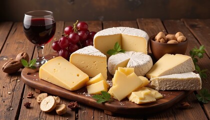 An enticing, cherished aged cheese crafted from a classic recipe, elegantly presented on a wooden platter with fresh herbs and fine red wine. Perfect for gourmet enthusiasts!