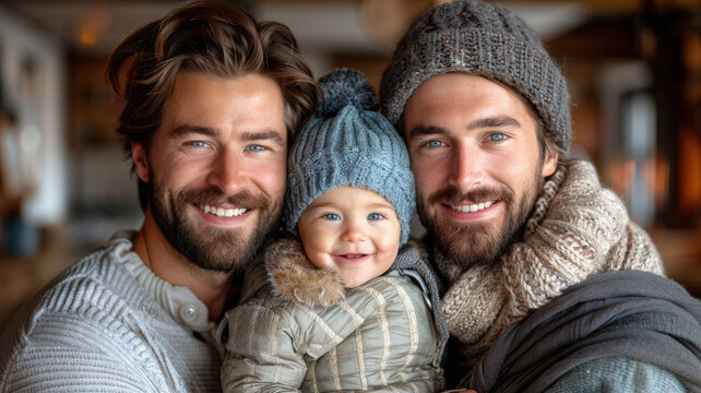 Smiling gay couple with child. Gay couple holding adoptive daughter's hand, adoption concept