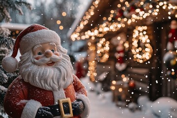 A jolly Santa Claus statue standing near a wooden chalet lit with twinkling Christmas lights, snow gently falling, vibrant snowy backdrop, medium close-up 1