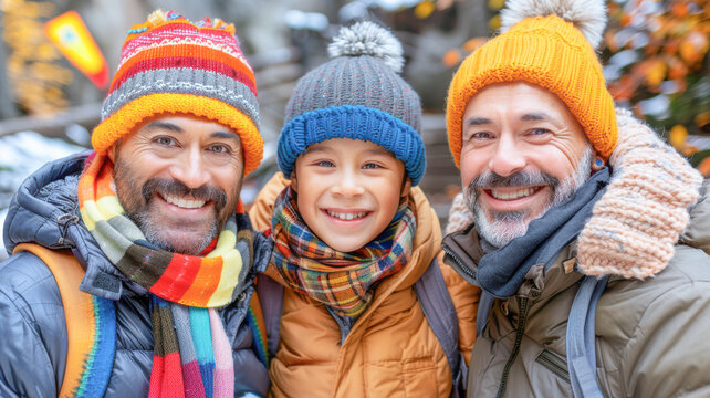 Smiling gay couple with child. Gay couple holding adoptive daughter's hand, adoption concept