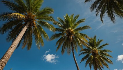 Lush coconut palm trees with blue skies in the background.