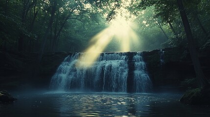 Sunbeams illuminate a misty forest waterfall cascading into a tranquil pool.