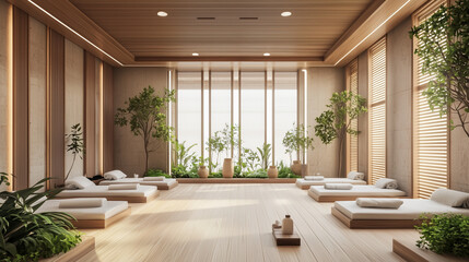 Fototapeta premium Modern spa relaxation room with wooden decor, natural lighting, greenery, and cozy daybeds creating a serene atmosphere