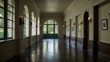 Lush corridor with architectural details.
