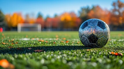 Soccer ball on autumn field.