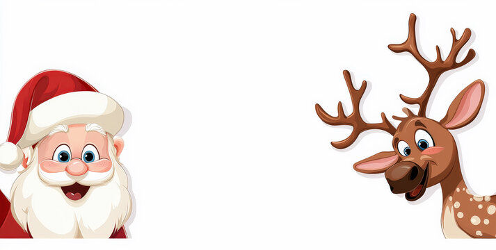 dibujo animado de papa noel y un reno entra&ntilde;ables, sobre fondo blanco con espacio vacio en el medio de la imagen para publicidad