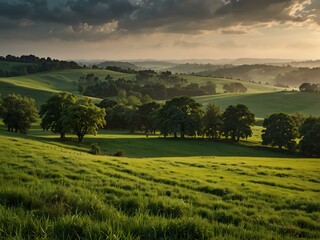 Obraz premium Lush green field with trees and pastures.