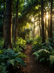 Fototapeta premium Lush green forest garden with sunlight.