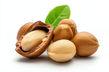 A close-up view of raw macadamia nuts, showcasing their creamy interior and natural shell. Perfect for food-related projects, advertising, or health and nutrition themes.