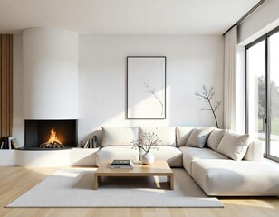 Modern living room interior with fireplace, featuring comfortable sofa, stylish decor, and soft carpet