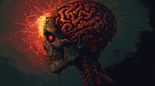 Mutated zombie brain with eldritch dark energy in graphic novel style with contrasting shadows and highlights. Eldritch. Illustration