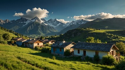 Obraz premium Lush landscape with mountains and traditional houses under a blue sky.