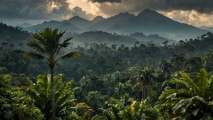Lush rainforests with mountains in the background.