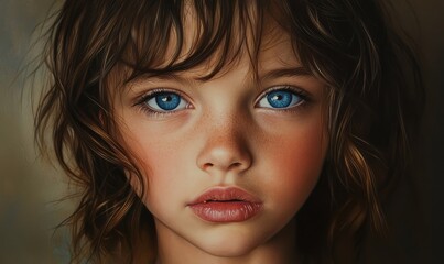 A close-up portrait of a young girl with striking blue eyes and soft brown hair, gazing intently