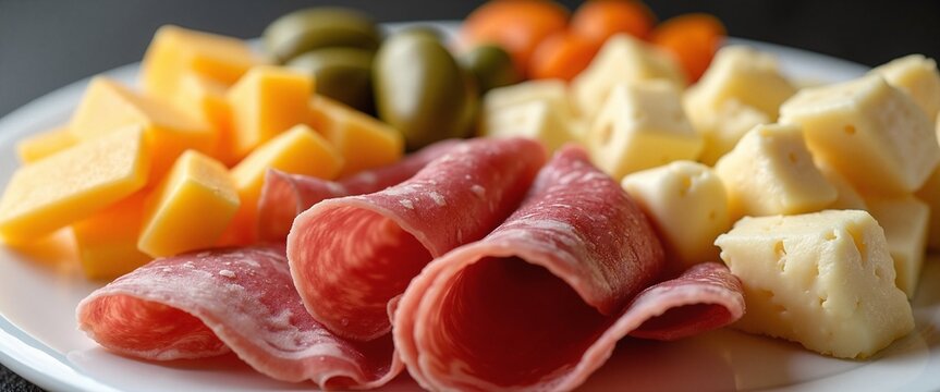 Colorful Appetizer Platter with Cured Meats and Cheeses against Dark Background