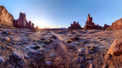 Sunrise illuminates sandstone formations in a vast desert landscape.