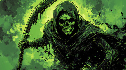 Mystical green reaper fantasy art: perfect for game design, digital art collections, and dark fantasy themed decor. Eldritch. Illustration