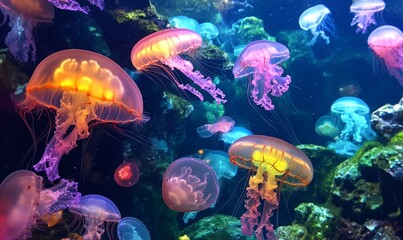 A colorful array of glowing jellyfish floating in a dark ocean