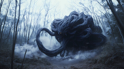 Nightmarish shapeshifting bakemono creature exuding primordial power in surreal japanese forest. Eldritch. Illustration © Thiago