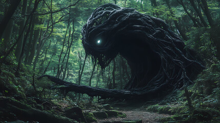 Nightmarish shapeshifting bakemono creature exuding primordial power in surreal japanese forest. Eldritch. Illustration © Thiago
