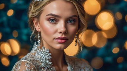 AI-generated image of tis the season to be jolly a supermodel in white lace celebrating the Christmas holiday