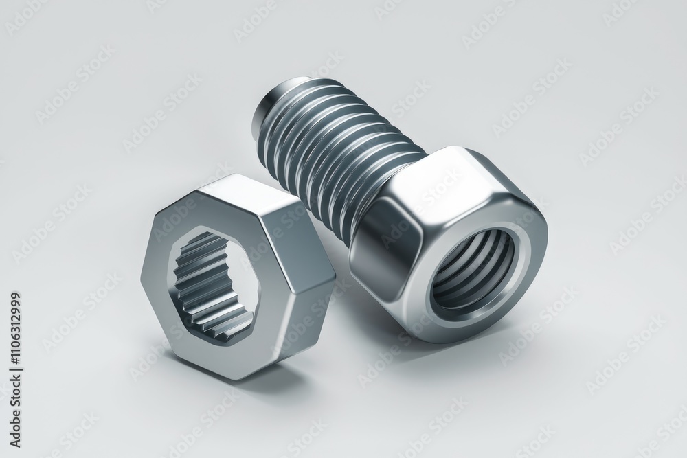 Poster a close up shot of a metallic bolt and nut gleaming against a light gray background