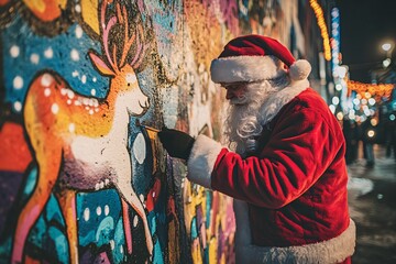Santa Claus painting graffiti on a wall, creating a vibrant mural of reindeer, casual outfit, nighttime urban setting, colorful lighting, medium close-up 2