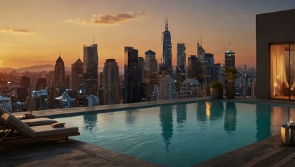 Luxurious rooftop pool at sunset with a city view.