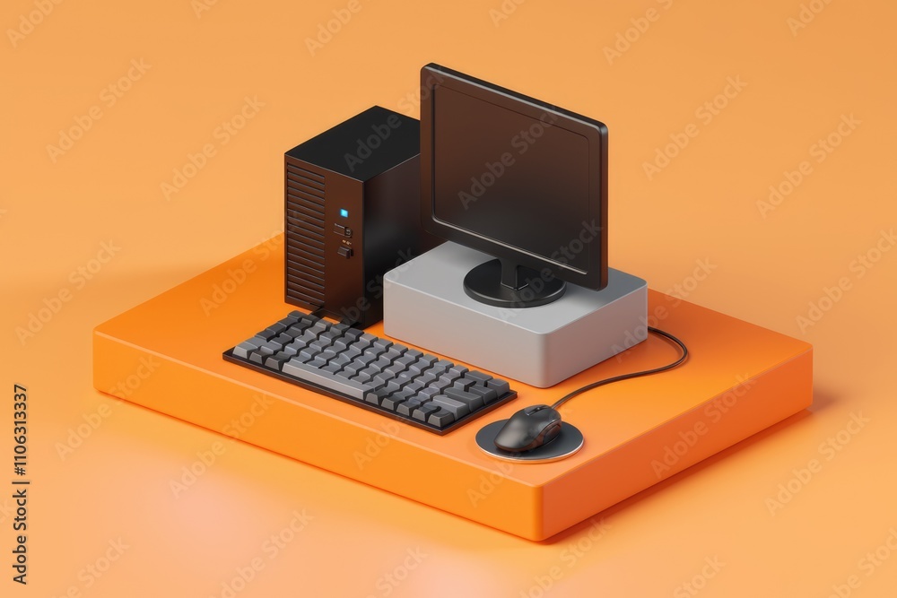 Aufkleber A minimalist computer setup with a black CPU  monitor  keyboard  and mouse on an orange surface