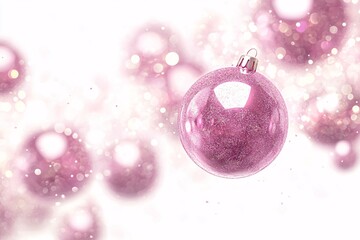 Matte and glossy pink metallic 3D Christmas baubles floating dynamically, surrounded by delicate sparkles, clean white background for a chic festive look 3