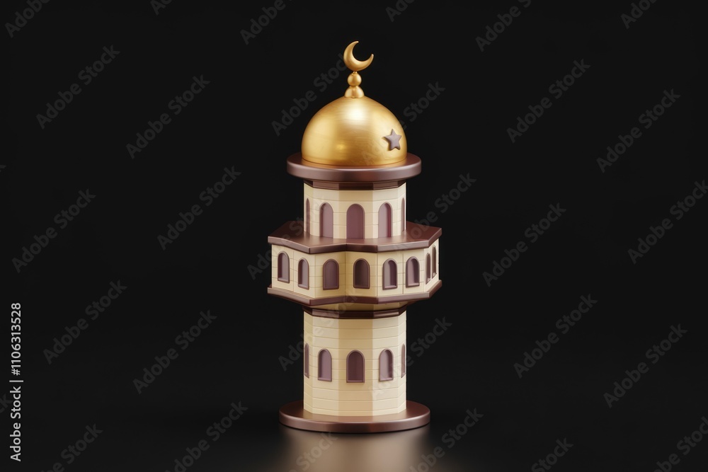 Poster 3d render of a minaret a slender tower of a mosque with a golden dome and crescent moon