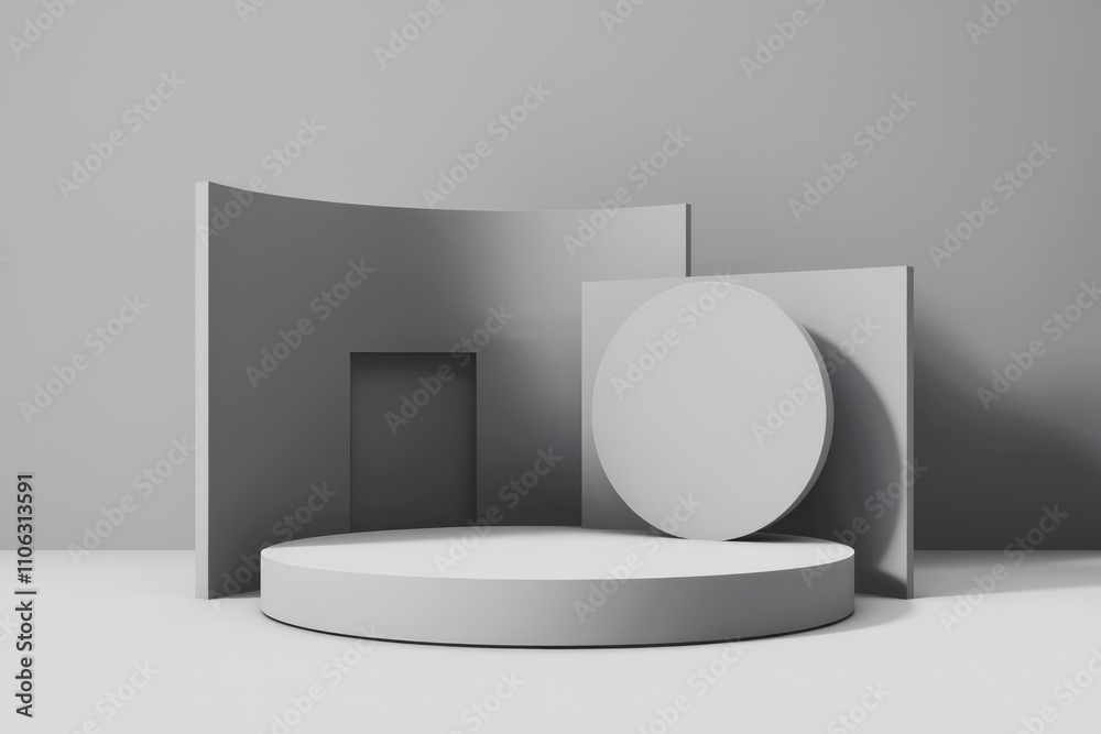 Poster Minimalist grey geometric shapes compose a modern product display platform