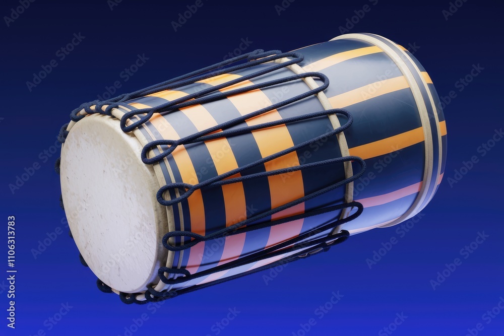 Poster a 3d render of a barrel drum with orange and navy stripes tied with dark cords