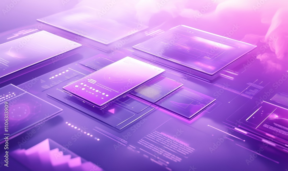 Poster futuristic digital interface design showcasing data visualization, graphs, and charts in vibrant pur