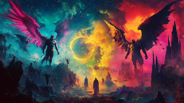 Heavenly hell with digital representations of angels and demons, psychedelic colors, fantasy, neon, contrasting. Eldritch. Illustration