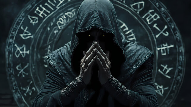 Hooded warlock channeling malevolent otherworldly being with intricate runic symbols and dramatic cinematic lighting. Eldritch. Illustration